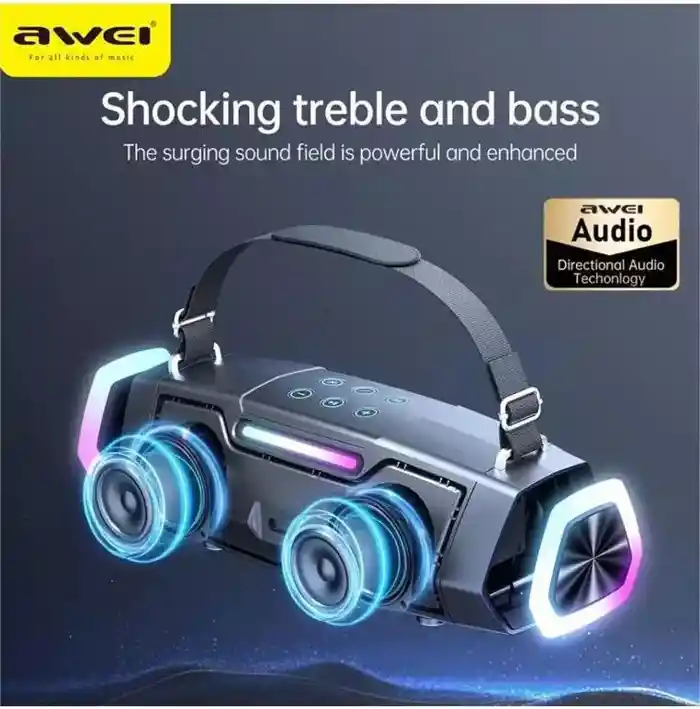 AWEI KT28 Karaoke Wireless Bluetooth Speaker With Dual Wireless Mic Outdoor Portable RGB HiFi Audio USB Player System